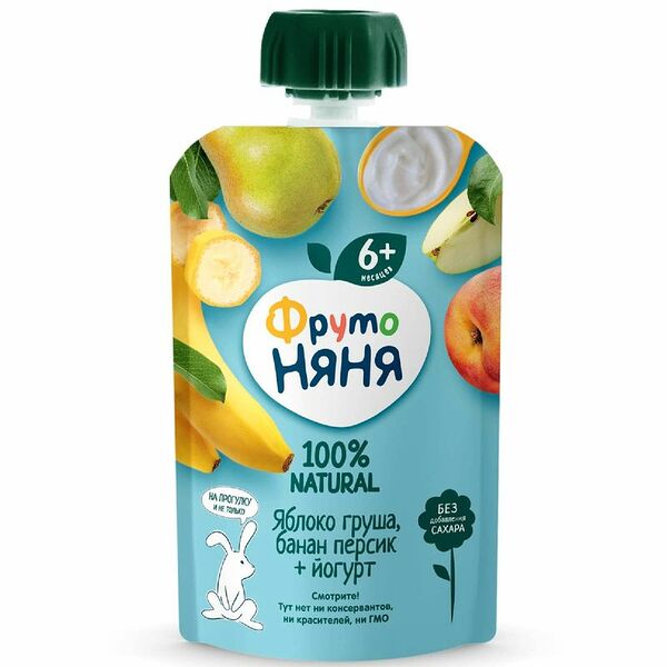 Пюре ФрутоНяня яблоко-груша-банан-персик с йогуртом с 6 месяцев, 90г