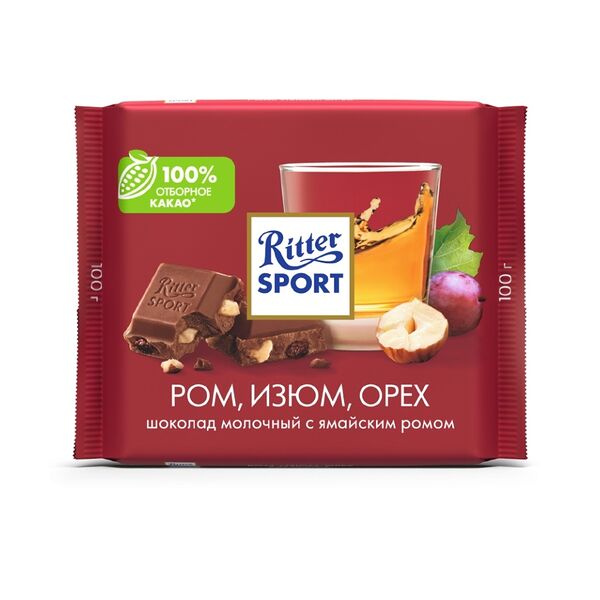 Шоколад Ritter Sport молочный с ромом, изюмом и орехами, 100г