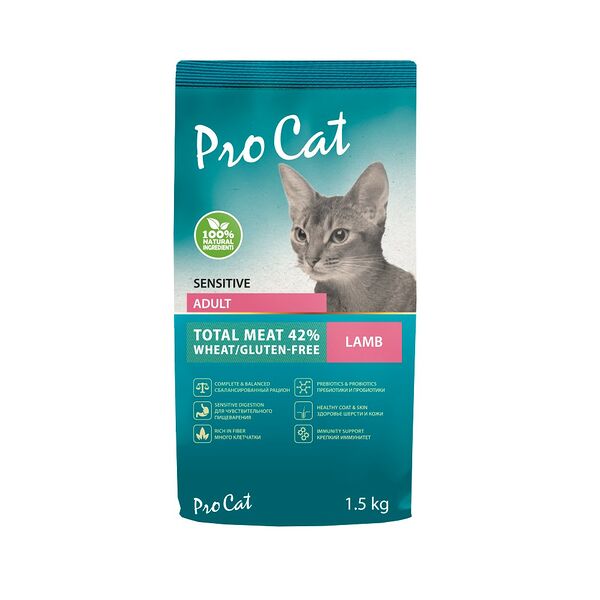 Корм для кошек PRO CAT с чувствительным пищеварением, ягненок сух. 1,5кг
