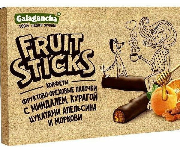 Конфеты Galagancha Fruit Sticks с миндалём курагой апельсином в шоколадной глазури