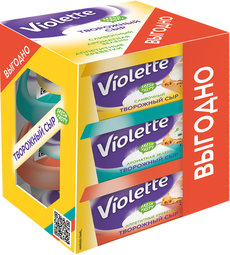 

Сыр творожный Violette сливочный с зеленью и креветками 70%, 3х140 г