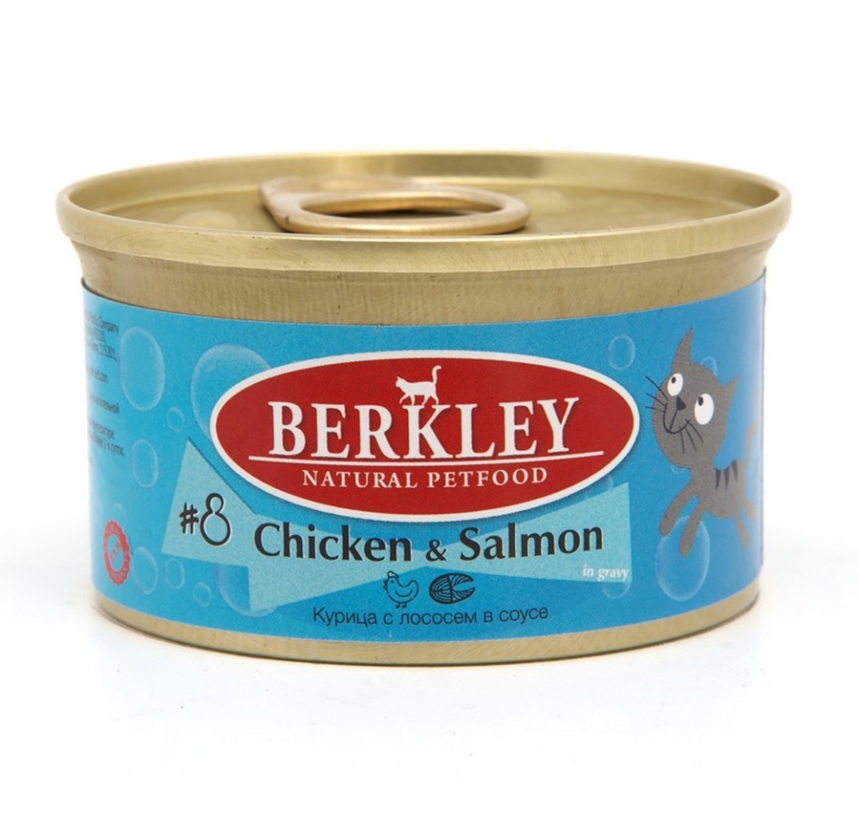 

Корм для кошек Berkley №8 Курица с лососем в соусе банка 85 г