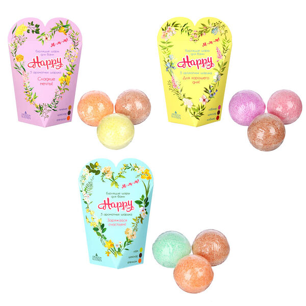 Набор бурлящих шаров для ванн happy 3 дизайна, 3 штуки, в ассортименте