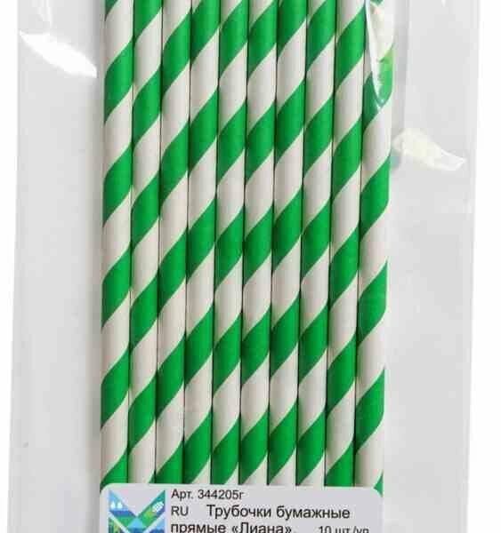Трубочки одноразовые Green Mystery бумажные зелено-белые, 10 шт.