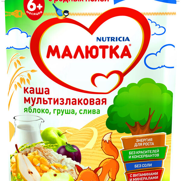 Каша Малютка многозерновая молочная яблоко-груша-слива с 6 месяцев