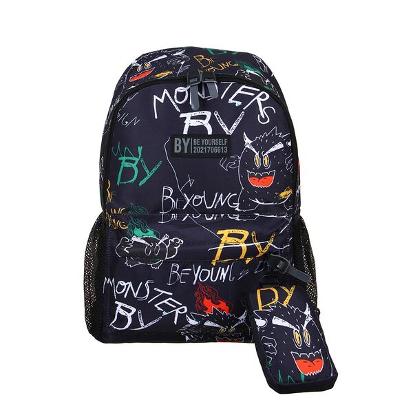 By монстрики рюкзак подростковый, 41x29x18см, 1 отд., 4 карм., плотный пэ, темный фон, кошелек