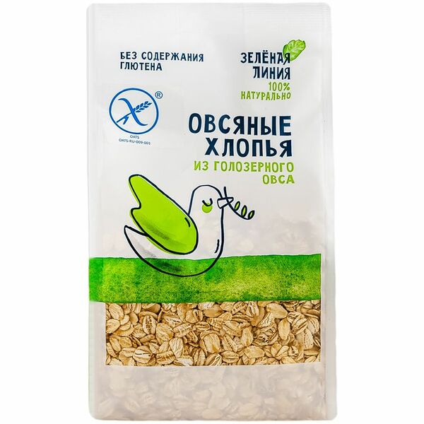 Хлопья овсяная из голозерного овса Зелёная Линия, 375г