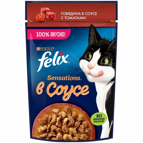 Влажный корм для кошек Felix Sensations с говядиной в желе с томатами 75 г