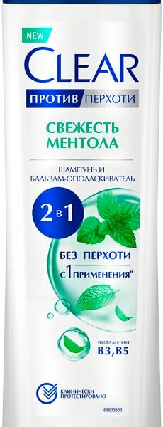 Шампунь-бальзам-ополаскиватель Clear 2в1 против перхоти Свежесть ментола против жирности и зуда 380мл