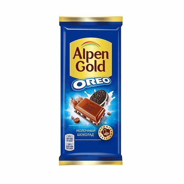 Шоколад молочный Alpen Gold с начинкой со вкусом ванили и кусочками печенья Oreo, 90 г