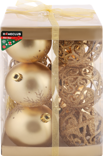 

Набор елочных шаров Homeclub диаметр 8 см с декором подарочная упаковка AC3/3384/G 12 шт