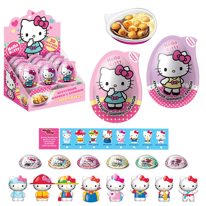 

Хрустящие шарики Hello Kitty с кремом и игрушкой в капсуле в форме яйца 1 шт. дизайн в ассортименте 15 г
