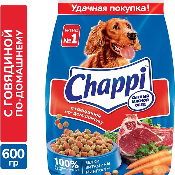Сухой корм для собак Chappi Сытный мясной обед полнорационный с говядиной по-домашнему 600г