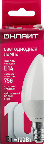 Лампа светодиодная ОНЛАЙТ 10Вт Е14, холодный свет, свеча