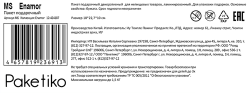 

Пакет подарочный Пакетико Enamor премиум 22.7х18х10 см дизайн в ассортименте