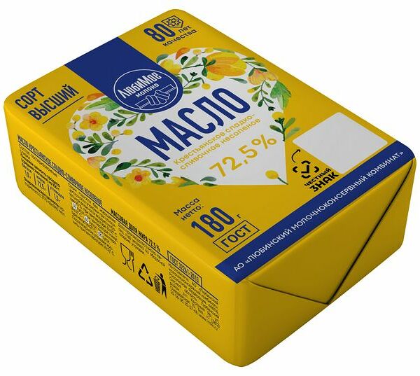Масло сливочное ЛюбиМое Молоко Крестьянское 72.5%