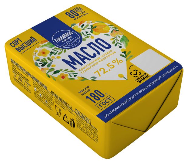 

Масло сливочное Любимое Молоко Крестьянское 72.5% 180 г