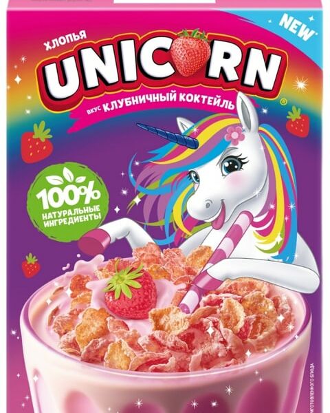 Хлопья Unicorn Кукурузные со вкусом Клубничный коктейль 220г