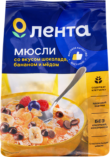 Мюсли хрустящие ЛЕНТА с шоколадом и бананом с медом 400 г