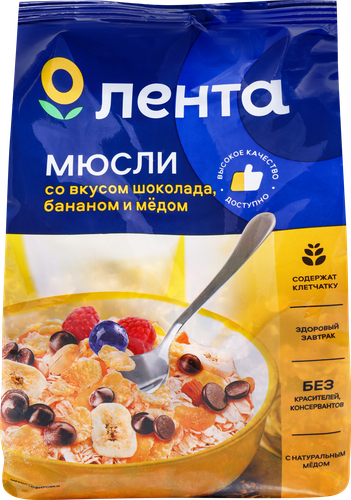 

Мюсли хрустящие ЛЕНТА с шоколадом и бананом с медом 400 г
