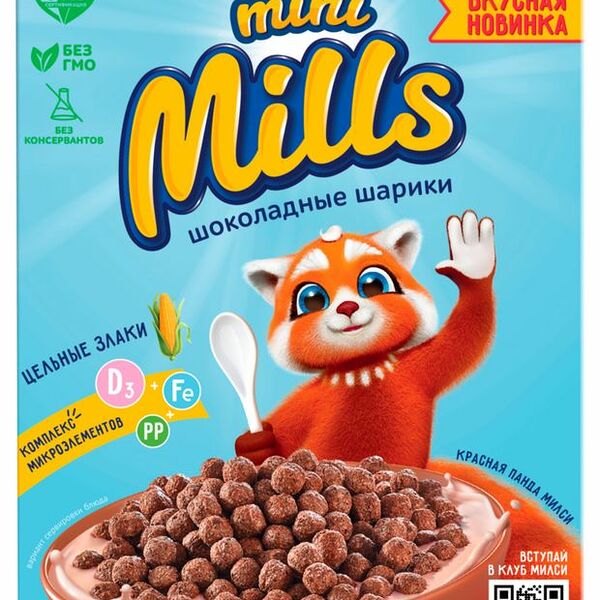 Шарики кукурузные Mini mills шоколадные, обогащенные витаминами и железом