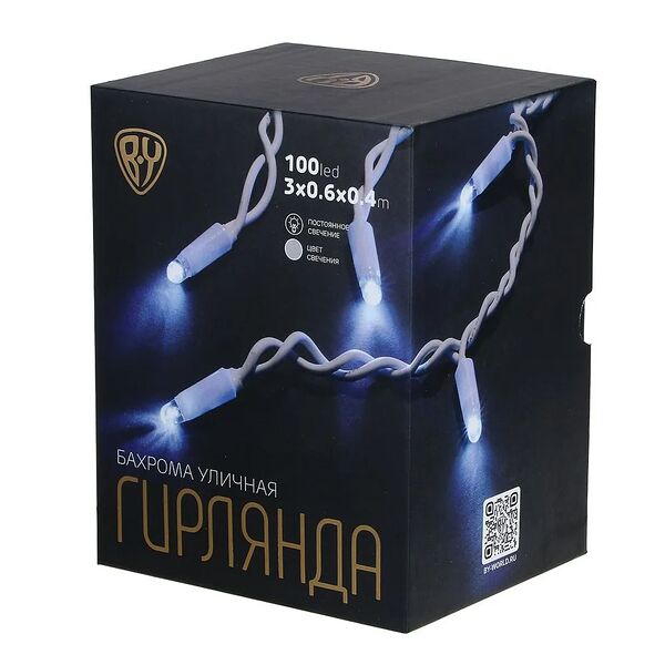 Гирлянда уличная бахрома 3x0.6х0.4 м by, 100 led ламп, постоянное белое свечение, пвх белый, коннект, 220в, ip65