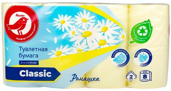 Туалетная бумага Ашан Красная птица с запахом ромашки 2 слойная 8 рулонов