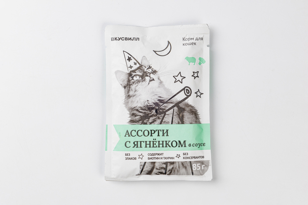 

Корм влажный для кошек ВкусВилл Ассорти с ягненком в соусе 85 г