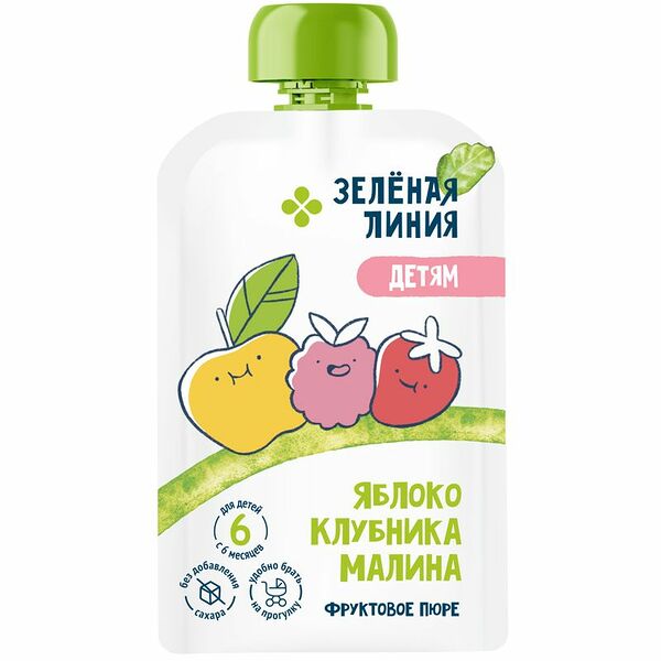 Пюре Зелёная Линия из яблок, клубники и малины с 6 месяцев