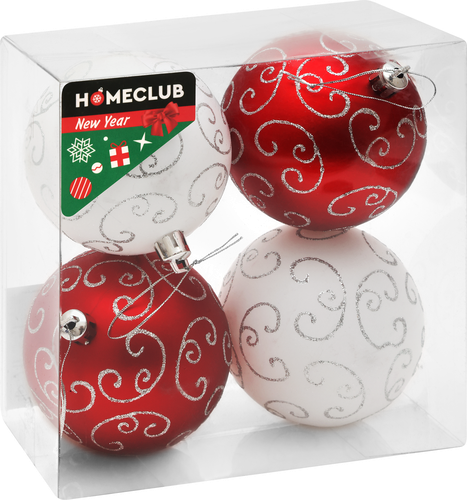 

Набор елочных шаров Homeclub с декором 8 см, красный/серебро/белый 4 шт.