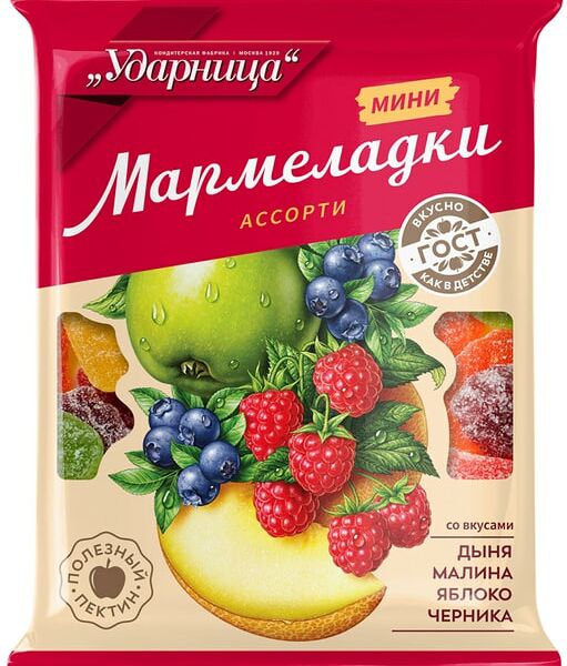 Мармелад Ударница Мини Мармеладки Ассорти со вкусами Дыни Малины Яблока Черники 275г