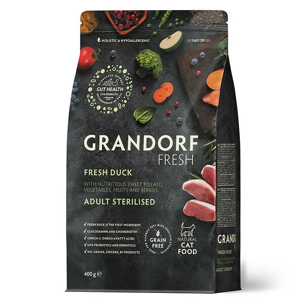 Сухой Беззерновой корм Grandorf Fresh с живыми пробиотиками для взрослых стерилизованных или пожилых кошек, со свежим мясом утки и бататом 400 г