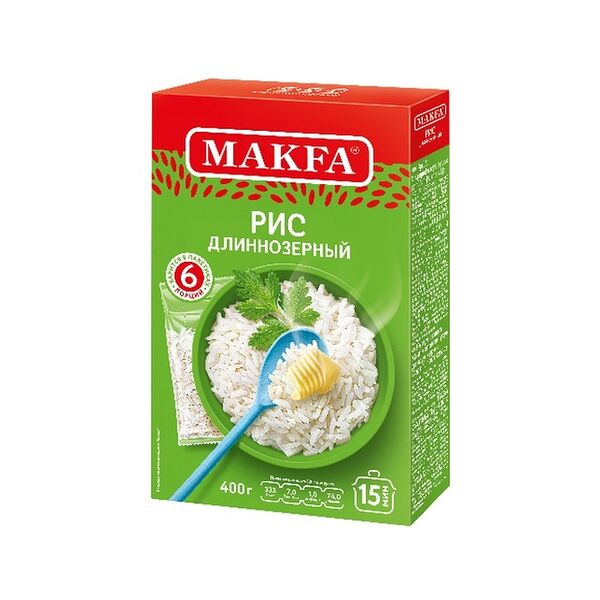 Рис Makfa шлифованный длиннозерный в пакетиках для варки, 66.6 г × 6 шт