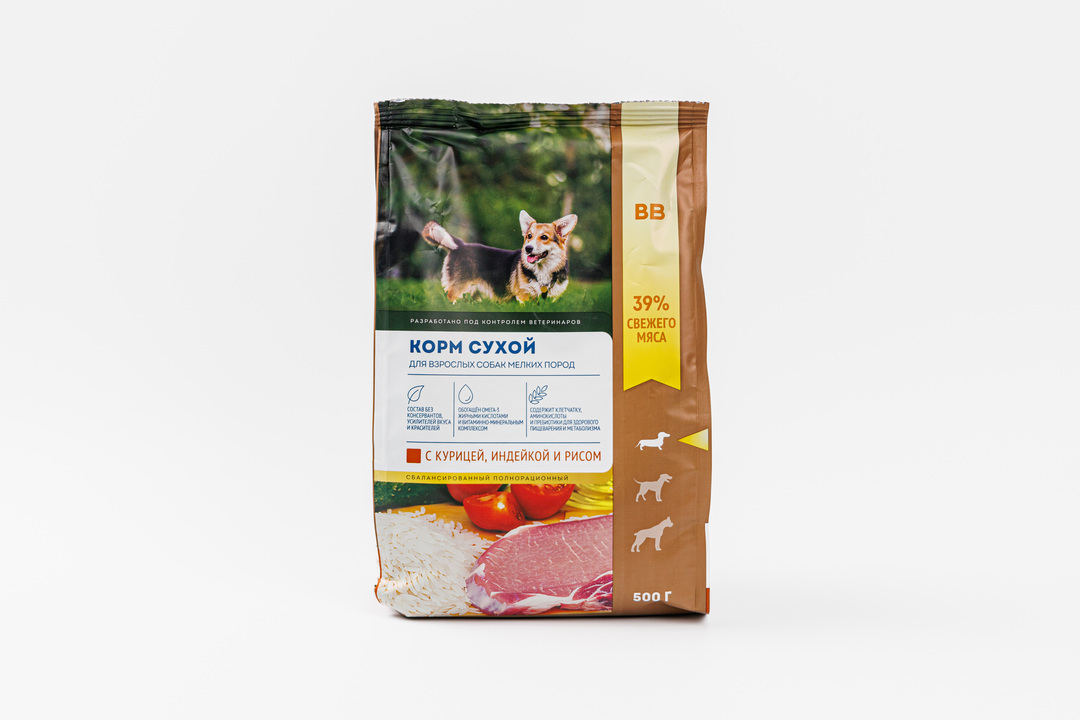 

Сухой корм ВкусВилл полнорационный для взрослых собак мелких пород с курицей, индейкой и рисом 500 г