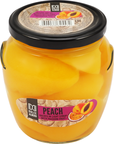 

Персики Dolce Albero половинки в соке маракуйи 580 мл