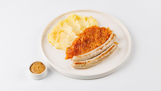 Картофельное пюре, капуста по-баварски с колбасками по-нюрнбергски и горчичным соусом