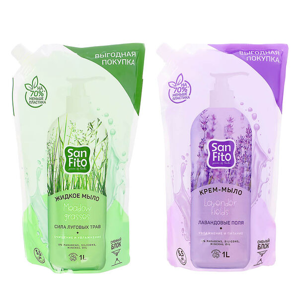 Мыло жидкое sanfito лавандовые поля/луговые травы, дой-пак, в ассортименте, 1000 мл