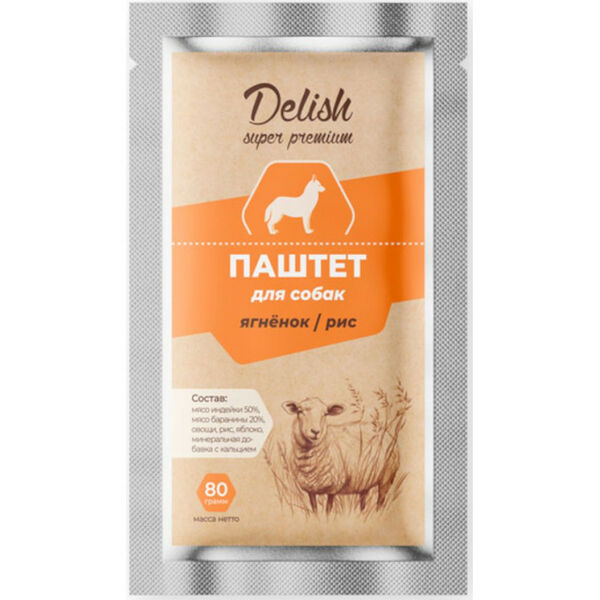 Delish Super Premium консервы для собак, паштет с ягненком и рисом 80 г