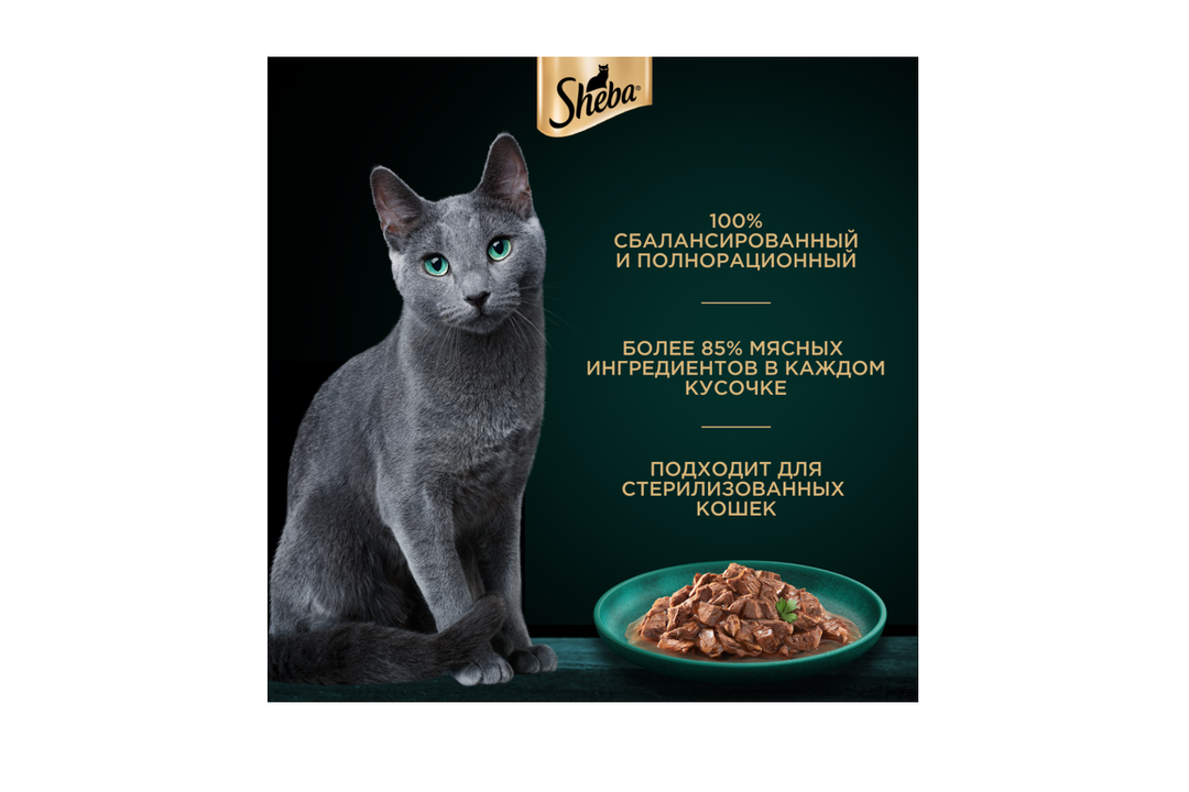 

Влажный корм для кошек Sheba Craft Collection Рубленые кусочки. Говядина в соусе 75 г