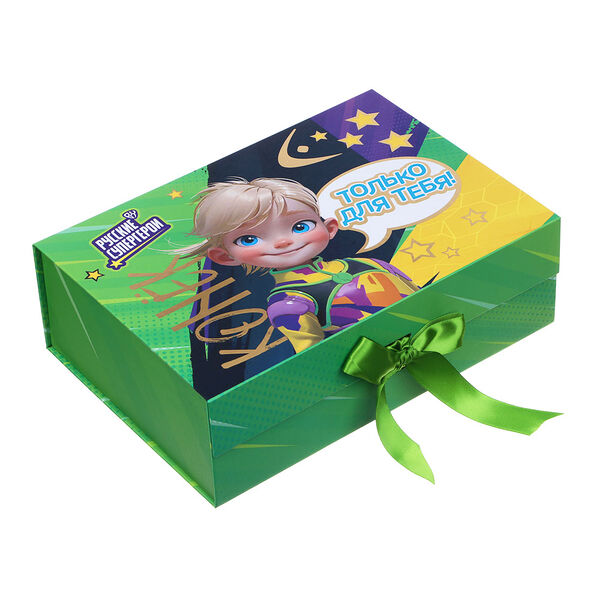 By коробка подарочная складная с лентой, тиснение фольгой, 28x20x9см, конек