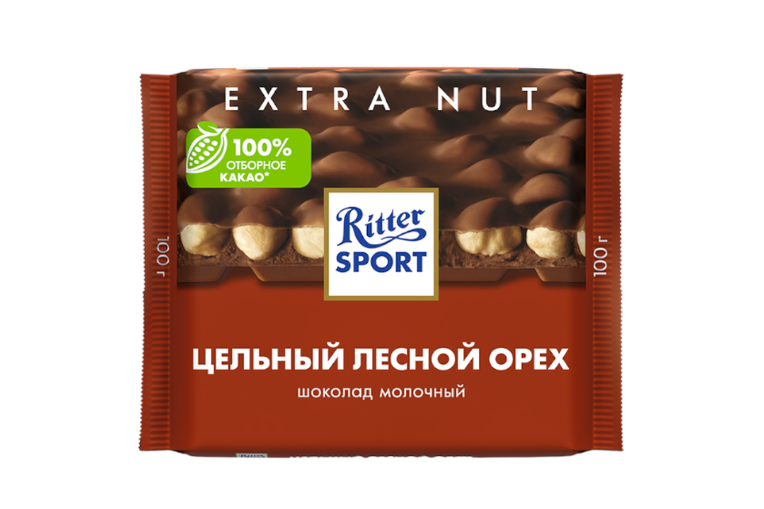 

Шоколад молочный Ritter Sport Extra Nut с цельным лесным орехом 100 г