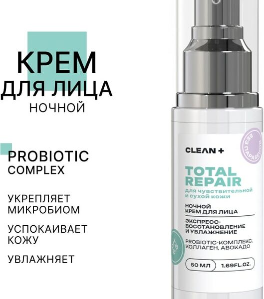 Крем для лица Clean+ Total Repair ночной 50мл