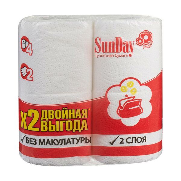 Туалетная бумага SunDay, 2 слоя, 4 рулона