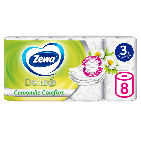 Туалетная бумага Zewa Deluxe Ромашка, 3 слоя, 8 рулонов