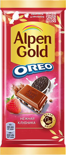 Шоколад молочный Alpen Gold Нежная клубника с клубничной начинкой и кусочками печенья Oreo, 90г