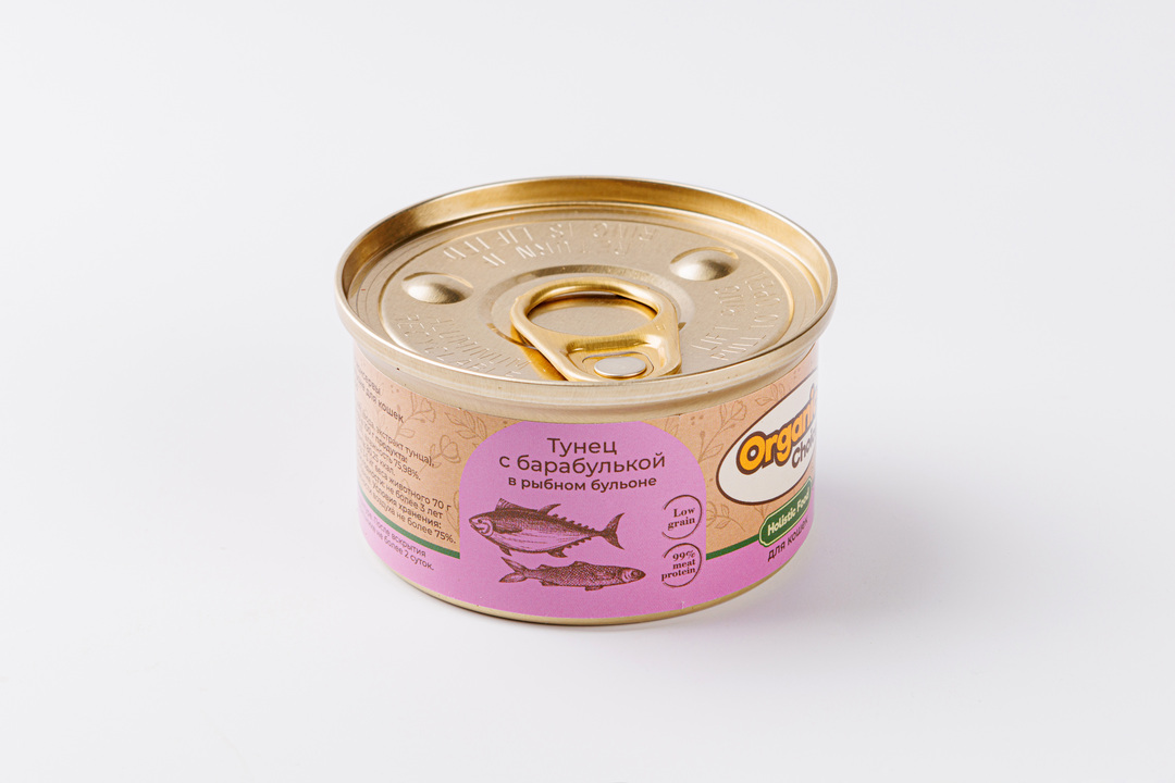 

Корм влажный для кошек Тунец с барабулькой в рыбном бульоне Organic Choice ж/б