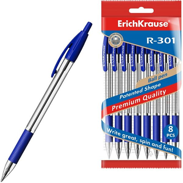 Набор ручек ErichKrause R-301 Matic&Grip Classic шариковые автоматические синие 1.0 8шт