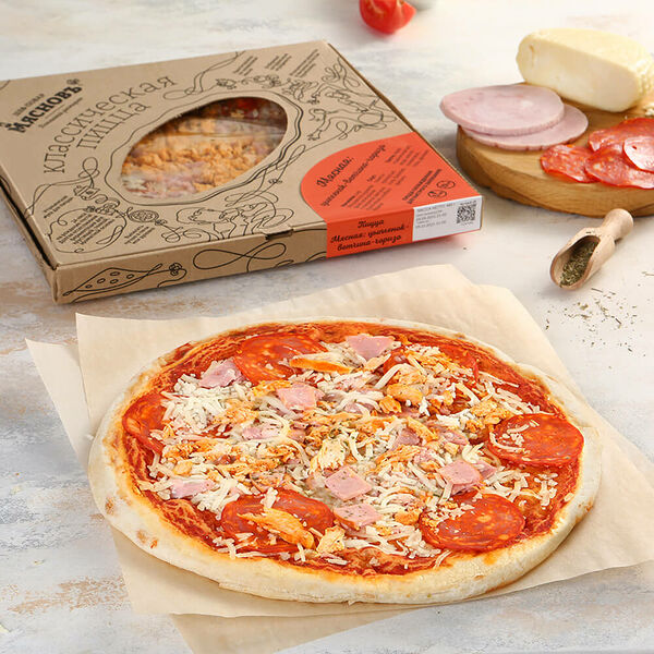 Пицца Мясная: цыпленок-ветчина-чоризо МясновЪ Шеф-повар охлажденная для запекания 29см