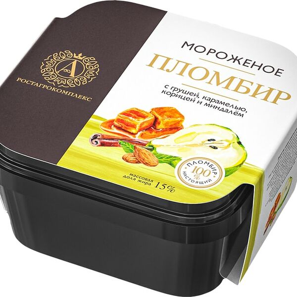 Мороженое Ростагрокомплекс Пломбир с грушей карамелью корицей и миндалем 15% 300г