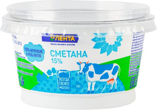 Сметана ЛЕНТА 15% ГОСТ, без змж, 180г